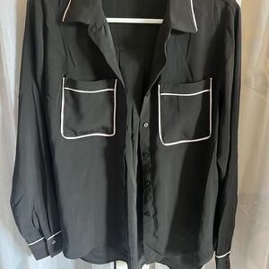 Black Button-Down Shirt with White Piping